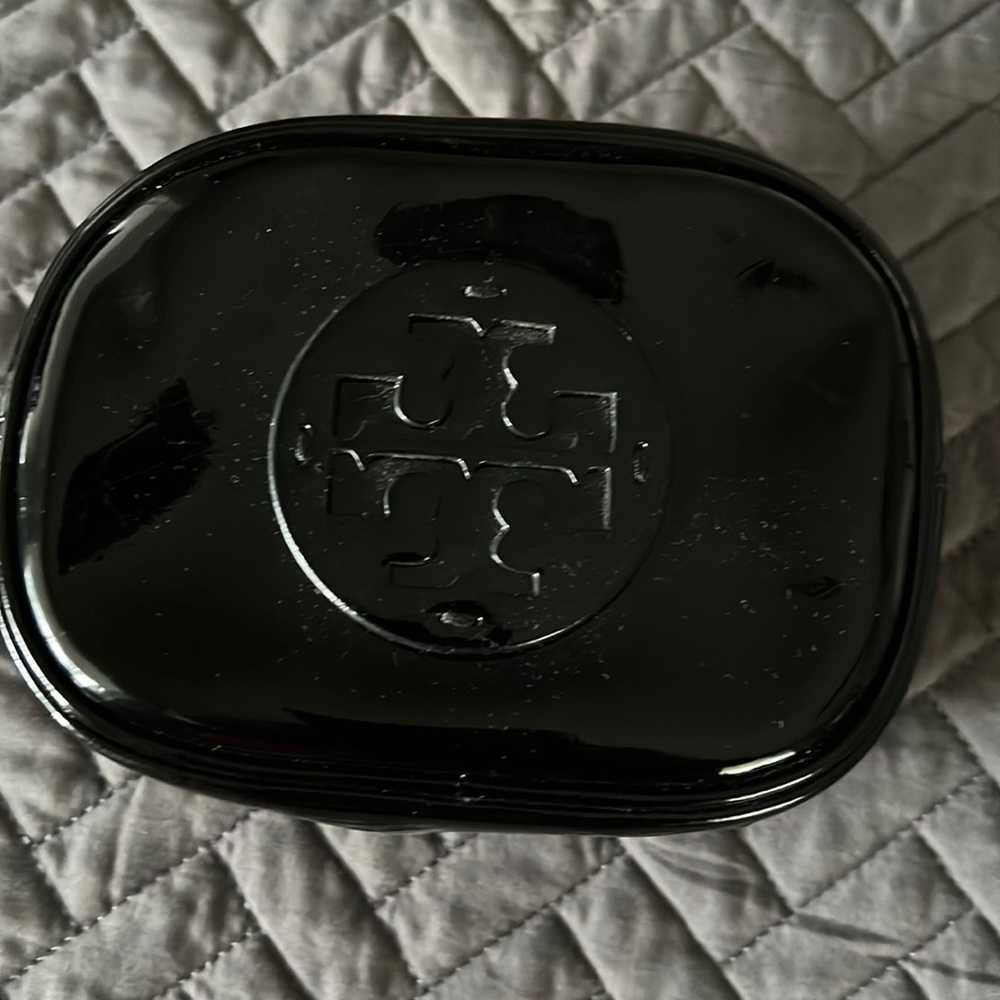 Tory Burch make up case, black patent with gold zip, EUC.